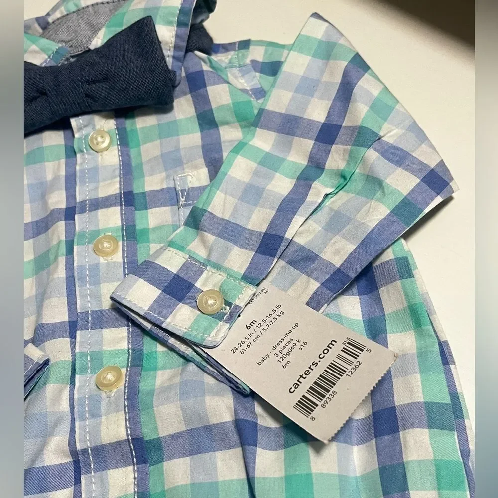 NWT Carter’s Baby Boy Plaid Bodysuit Shirt with Bow Tie Sz 6M